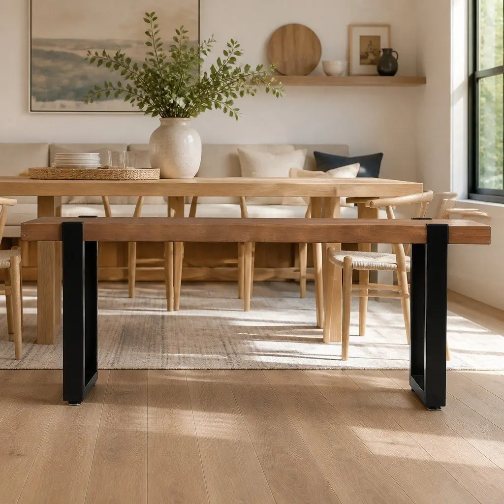 Wooden Seat Dining Bench Chair 140cm with Steel Frame