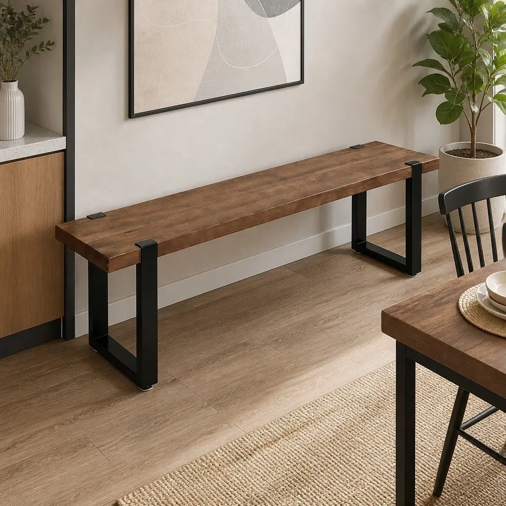 Wooden Seat Dining Bench Chair 140cm with Steel Frame