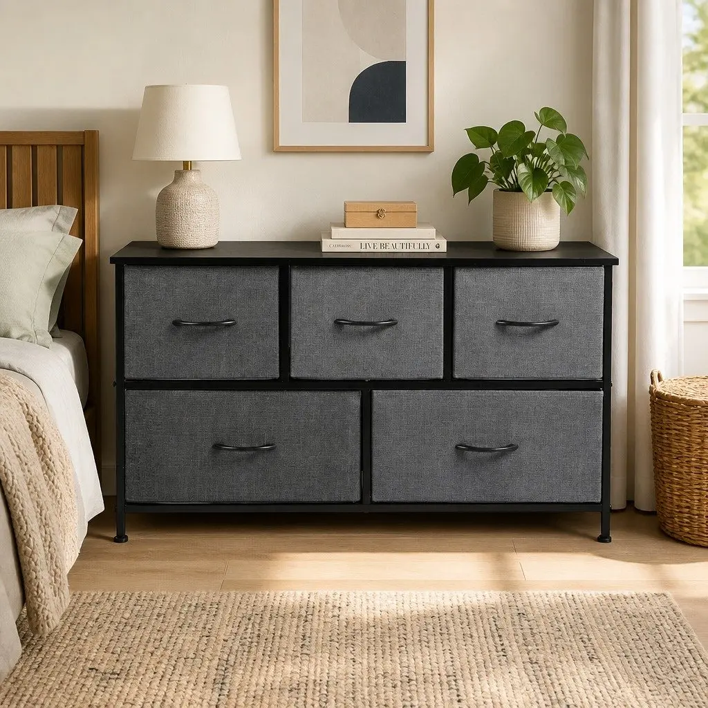 Chest of Drawers Storage Cabinet Dark Grey MDF Steel 5 Drawer 100cm H x 30cm W x 55cm D