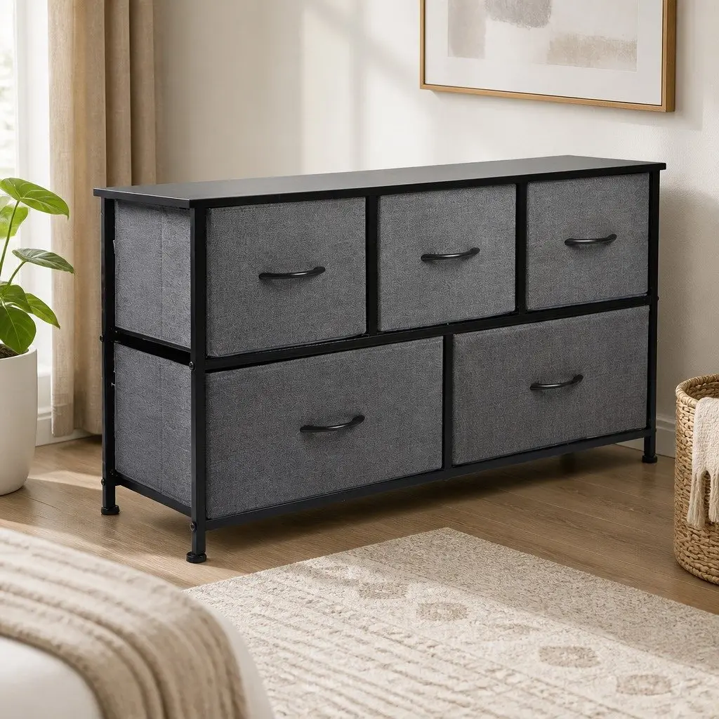 Chest of Drawers Storage Cabinet Dark Grey MDF Steel 5 Drawer 100cm H x 30cm W x 55cm D