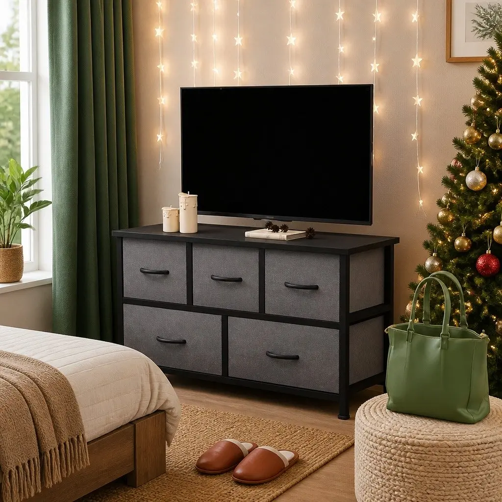 Chest of Drawers Storage Cabinet Dark Grey MDF Steel 5 Drawer 100cm H x 30cm W x 55cm D