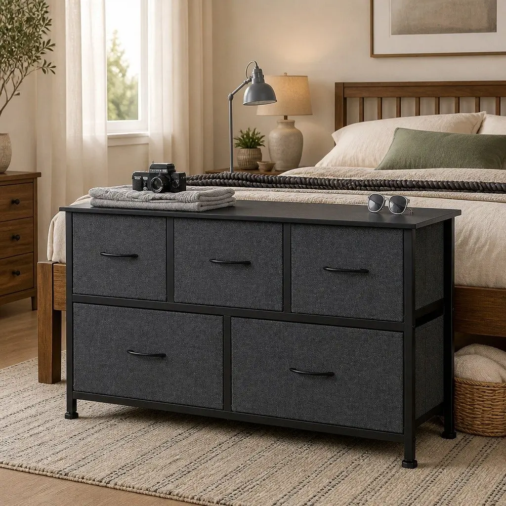 Chest of Drawers Storage Cabinet Dark Grey MDF Steel 5 Drawer 100cm H x 30cm W x 55cm D