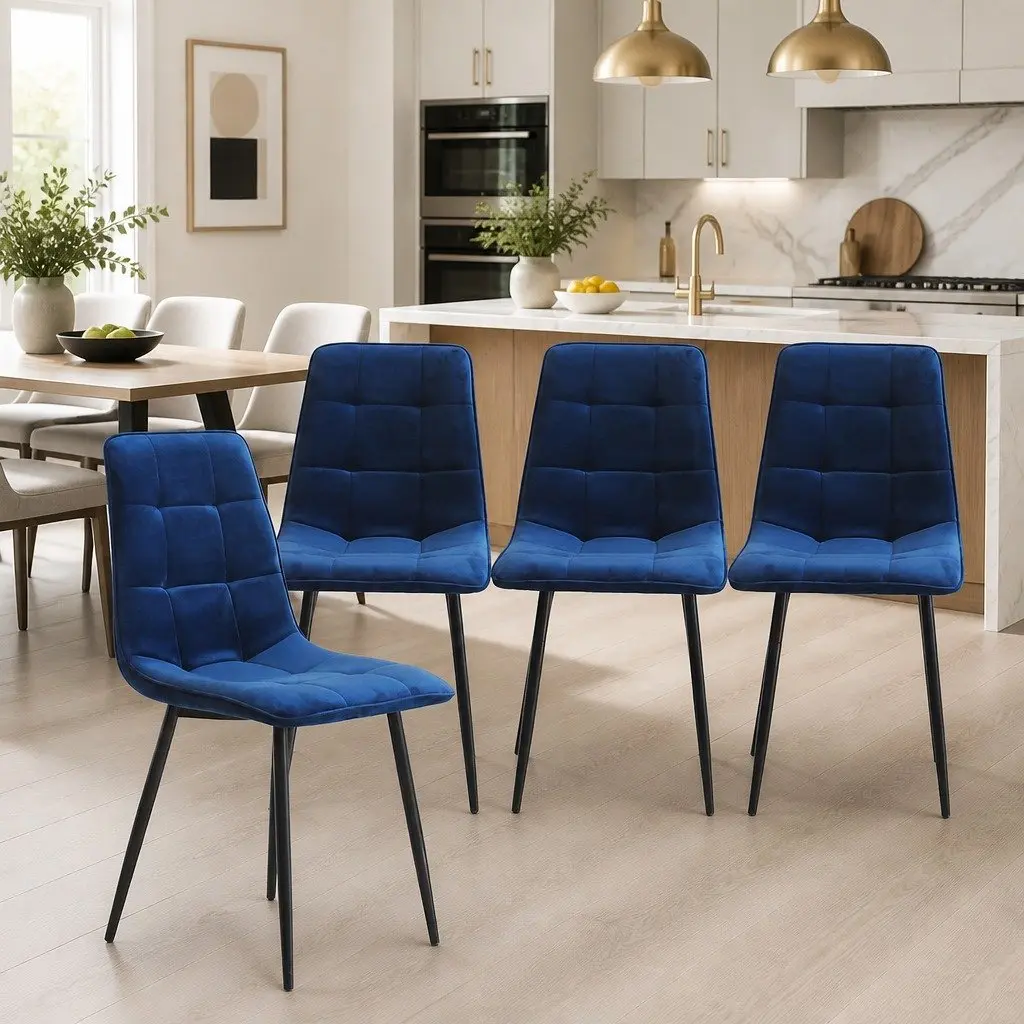 Dining Chairs Set of 4 Kitchen Velvet Blue Retro Design Steel Legs Foam Padding