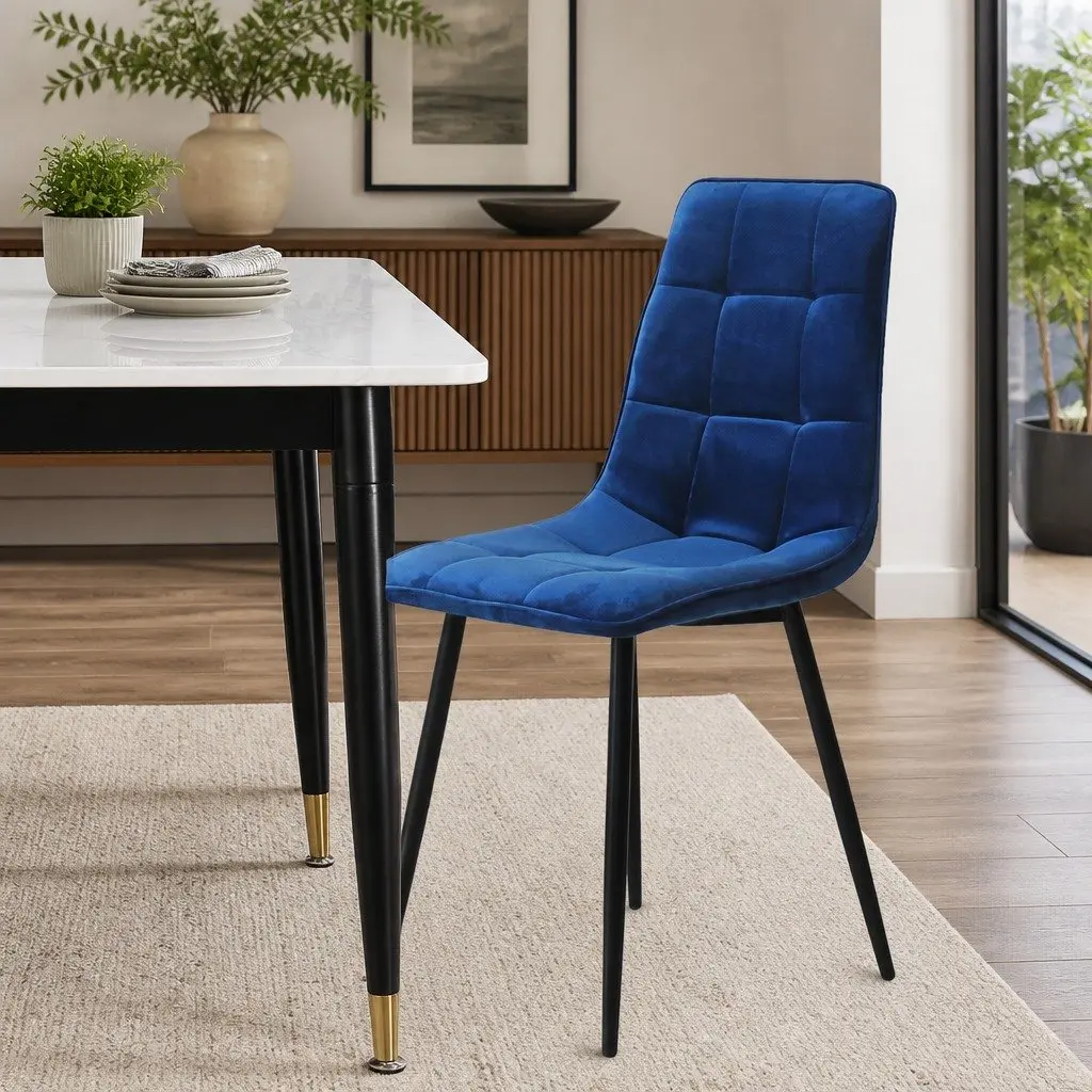 Dining Chairs Set of 4 Kitchen Velvet Blue Retro Design Steel Legs Foam Padding