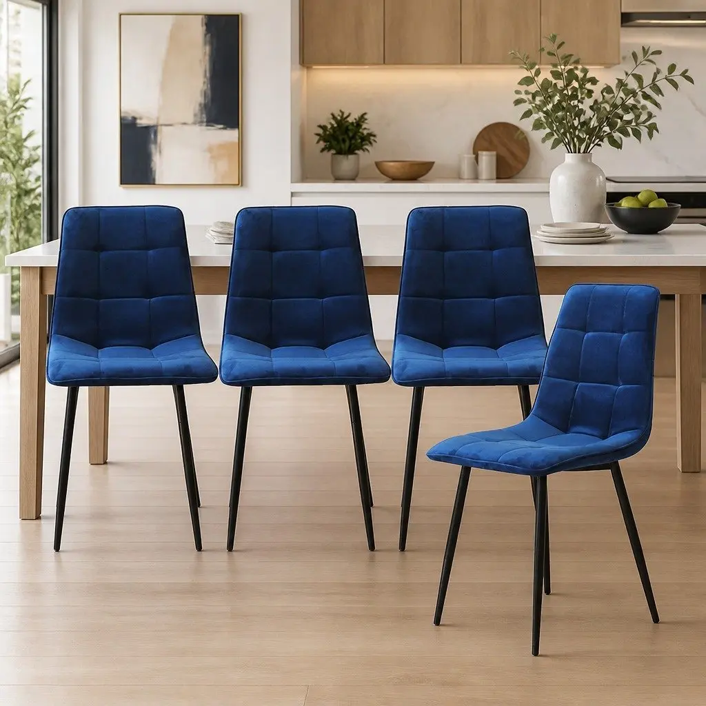 Dining Chairs Set of 4 Kitchen Velvet Blue Retro Design Steel Legs Foam Padding
