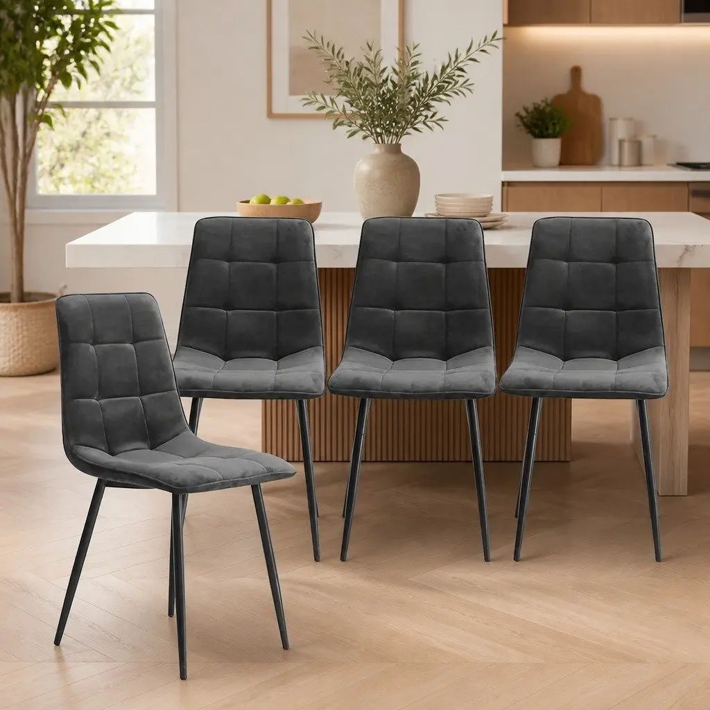 Dining Chairs Velvet Grey 4 Piece High Density Foam Cushion Steel