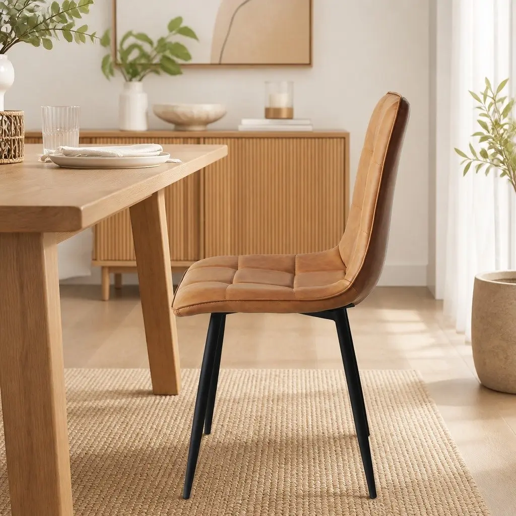 Dining Chairs Set of 8 Brown PU Leather Seat Steel Legs Modern Furniture
