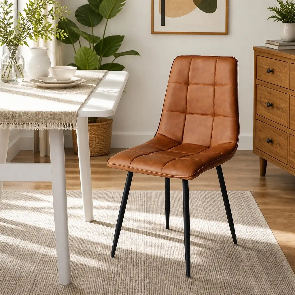 Dining Chairs Set of 8 Brown PU Leather Seat Steel Legs Modern Furniture
