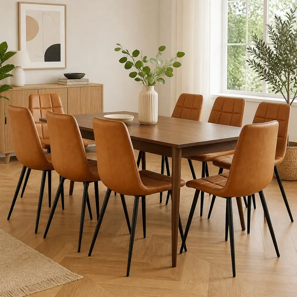 Dining Chairs Set of 8 Brown PU Leather Seat Steel Legs Modern Furniture