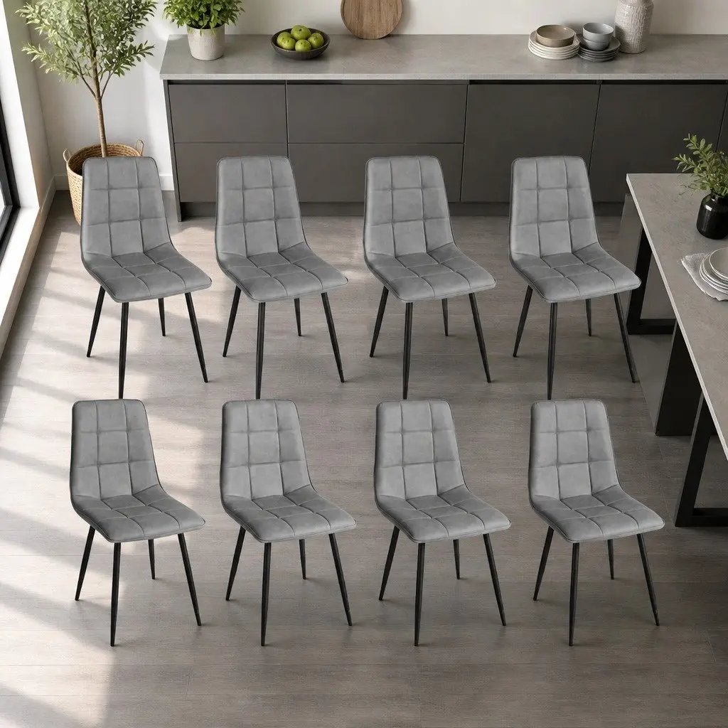 Dining Chairs Set of 8 Modern Grey PU Leather High Density Foam Padded Steel Frame