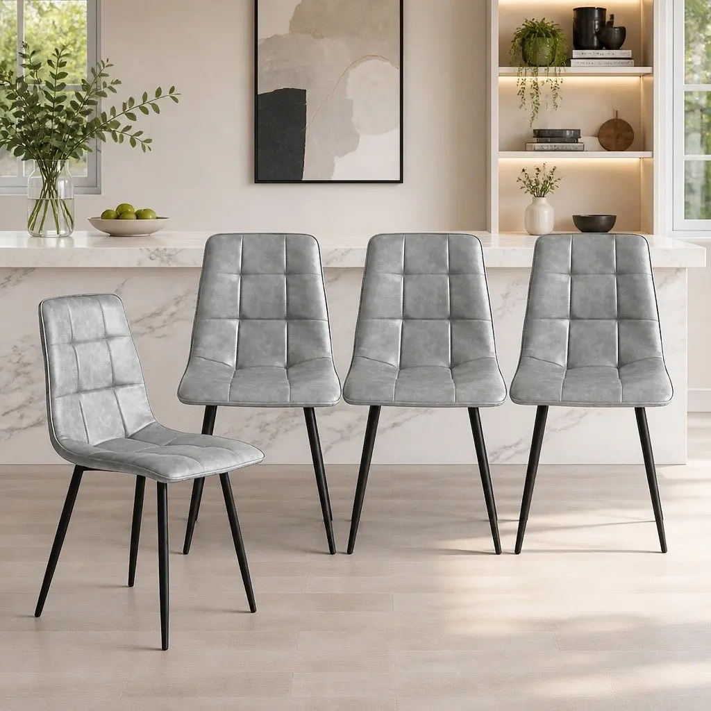 Dining Chairs Set of 8 Modern Grey PU Leather High Density Foam Padded Steel Frame