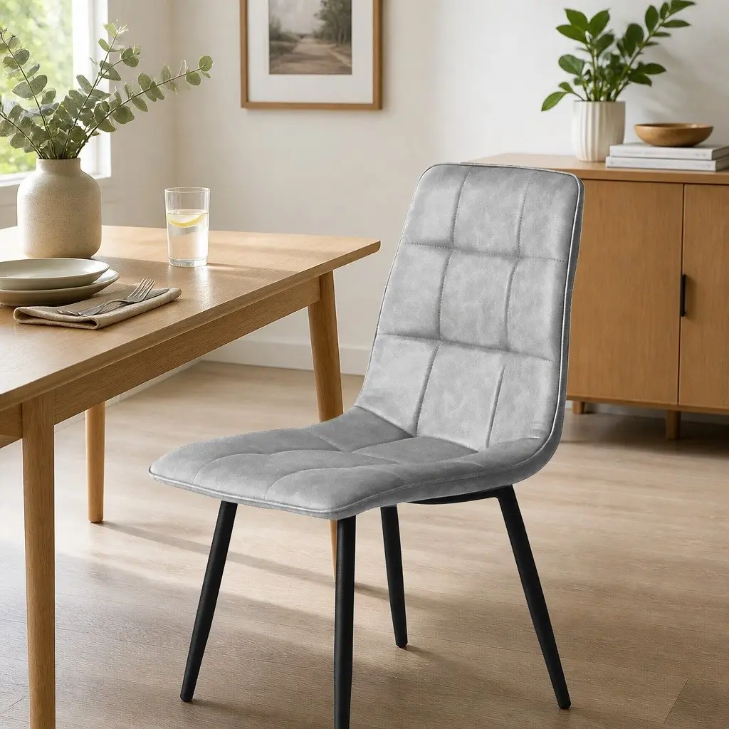 Dining Chairs Set of 8 Modern Grey PU Leather High Density Foam Padded Steel Frame