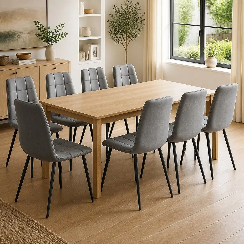 Dining Chairs Set of 8 Modern Grey PU Leather High Density Foam Padded Steel Frame