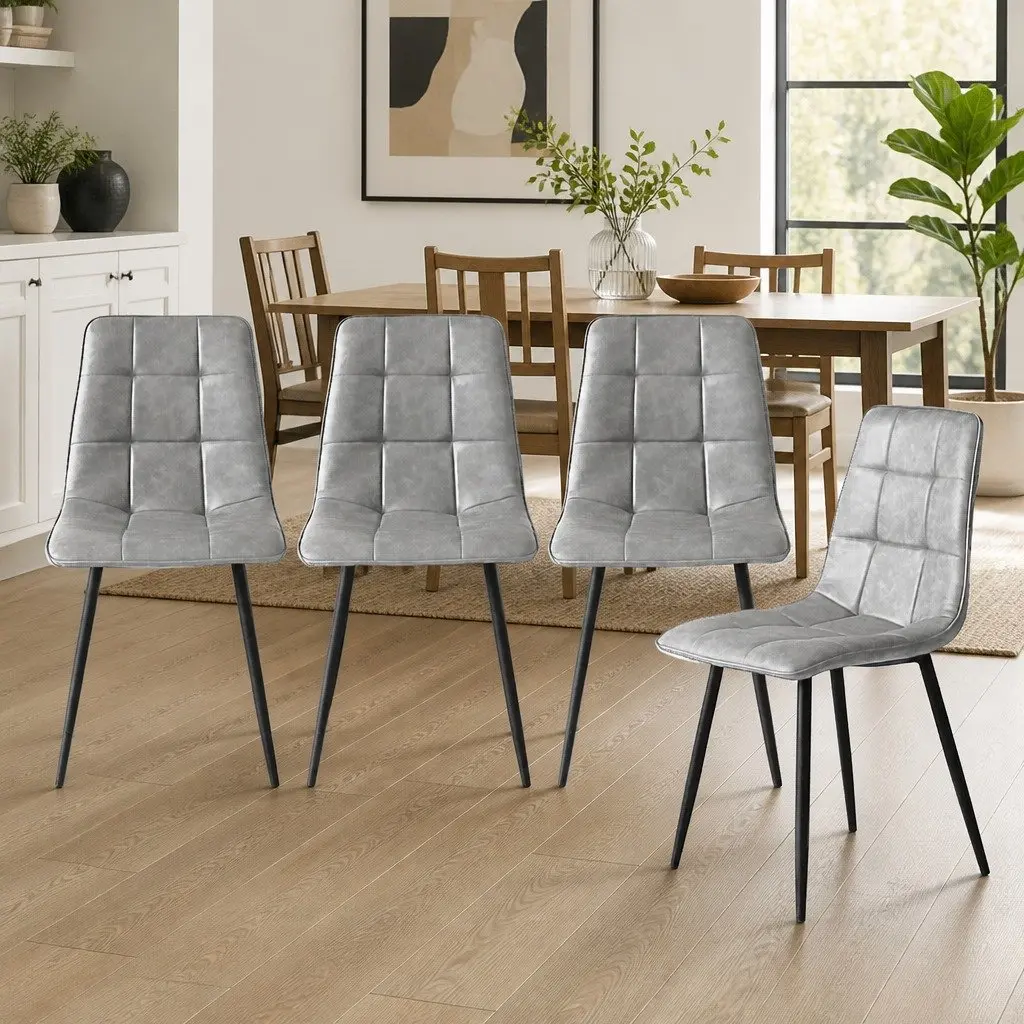 Dining Chairs Set of 8 Modern Grey PU Leather High Density Foam Padded Steel Frame