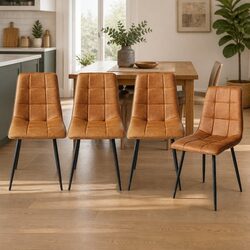 Set of 4 Brown PU Leather Dining Chairs with Cushions