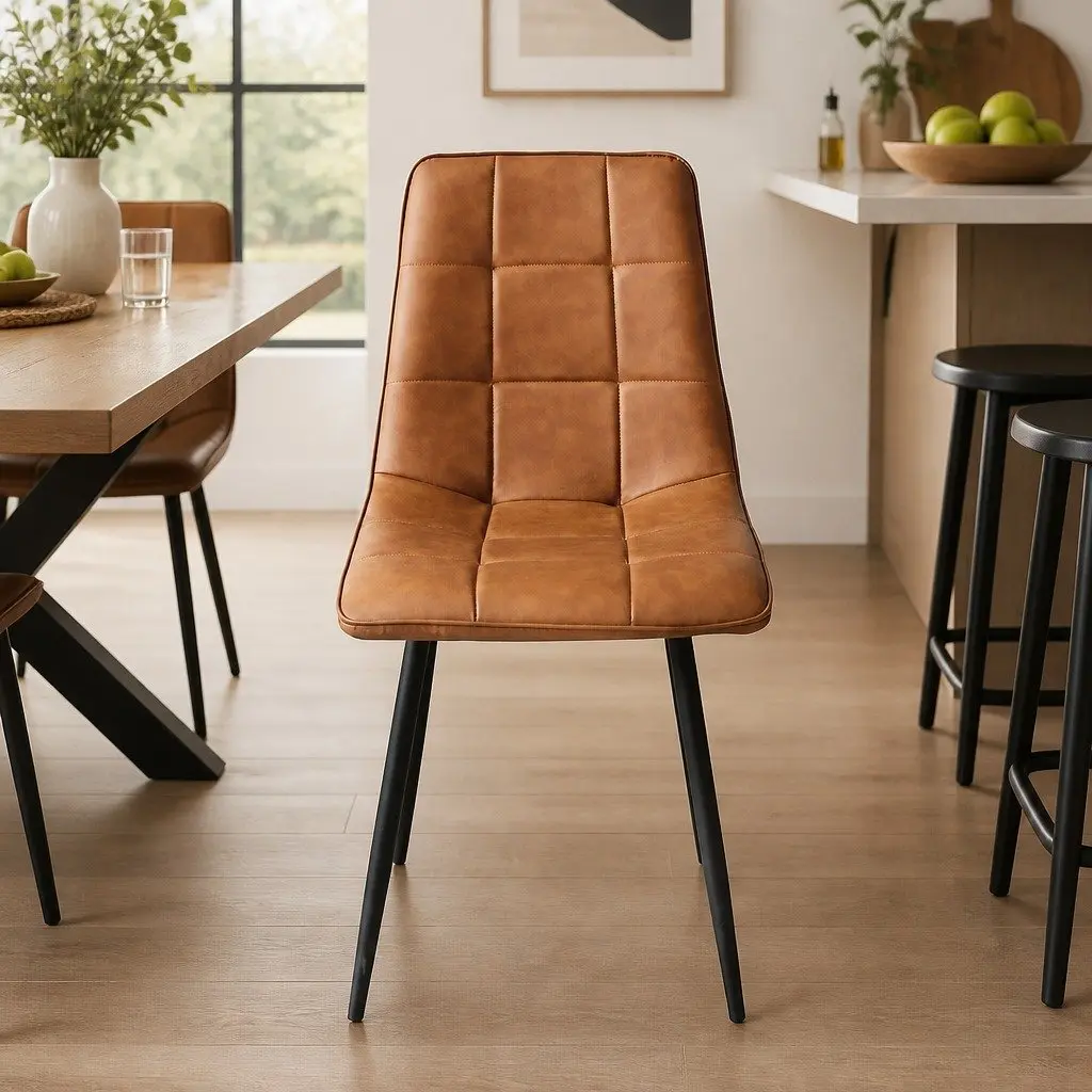 Set of 4 Brown PU Leather Dining Chairs with Cushions