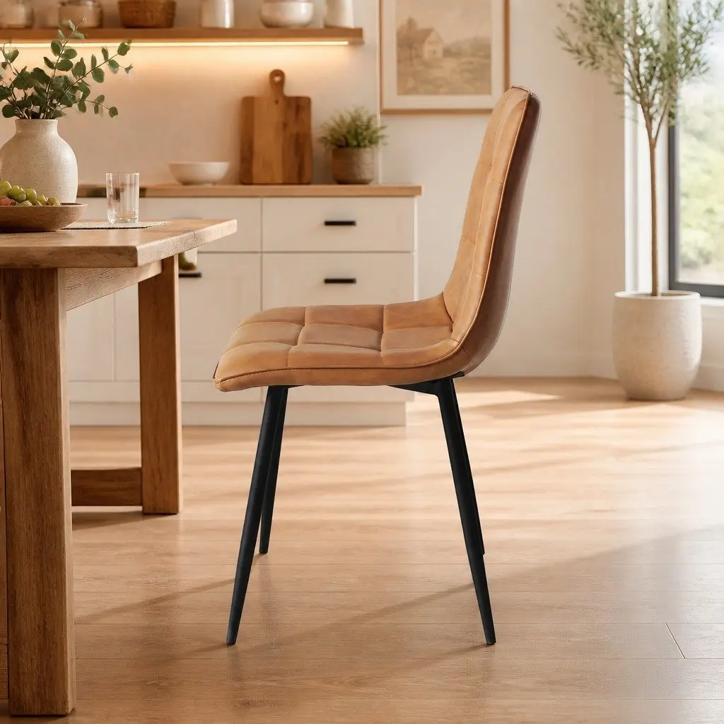 Set of 4 Brown PU Leather Dining Chairs with Cushions