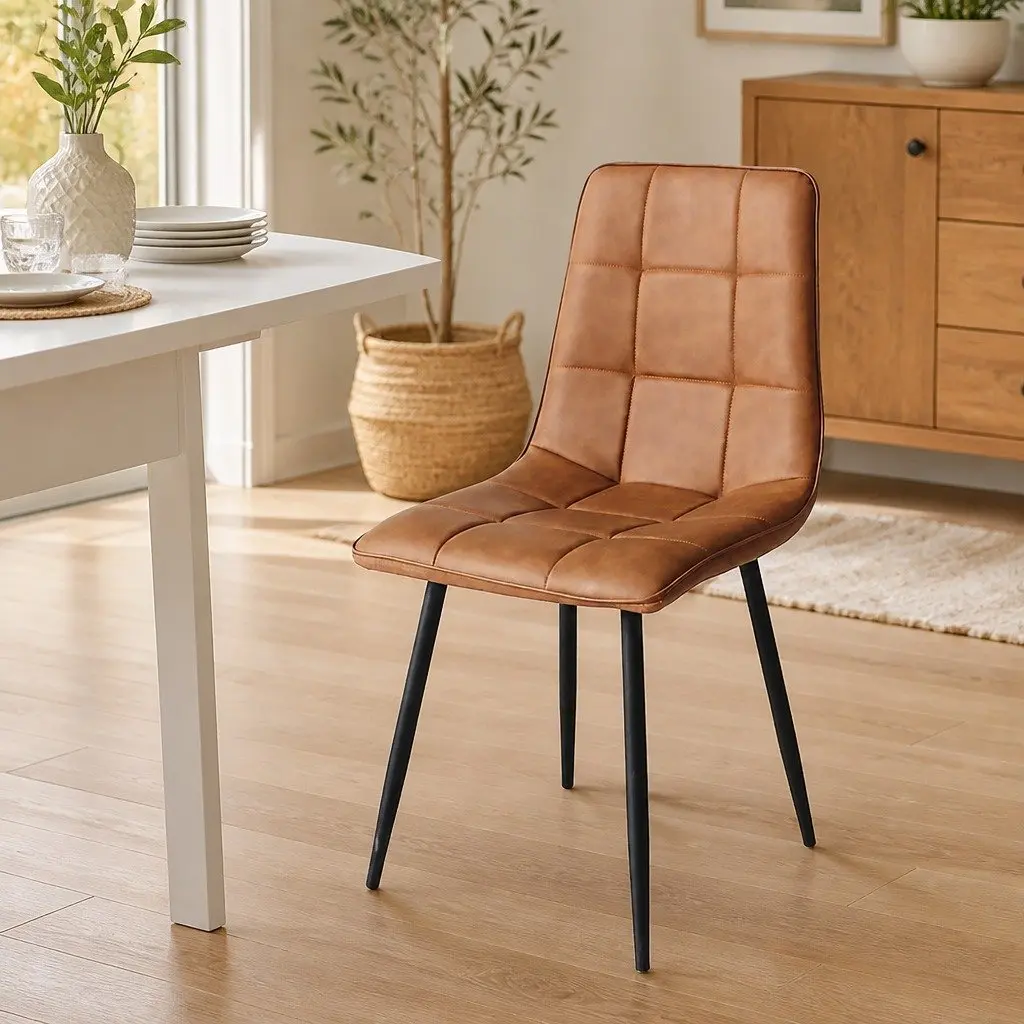 Set of 4 Brown PU Leather Dining Chairs with Cushions