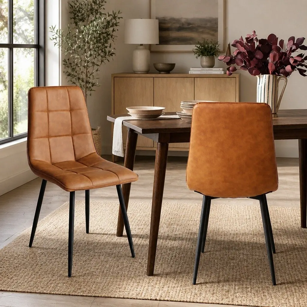 Set of 4 Brown PU Leather Dining Chairs with Cushions