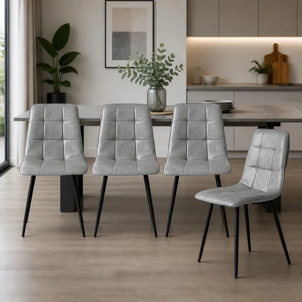 Set of 4 Grey PU Leather Dining Chairs with High Back