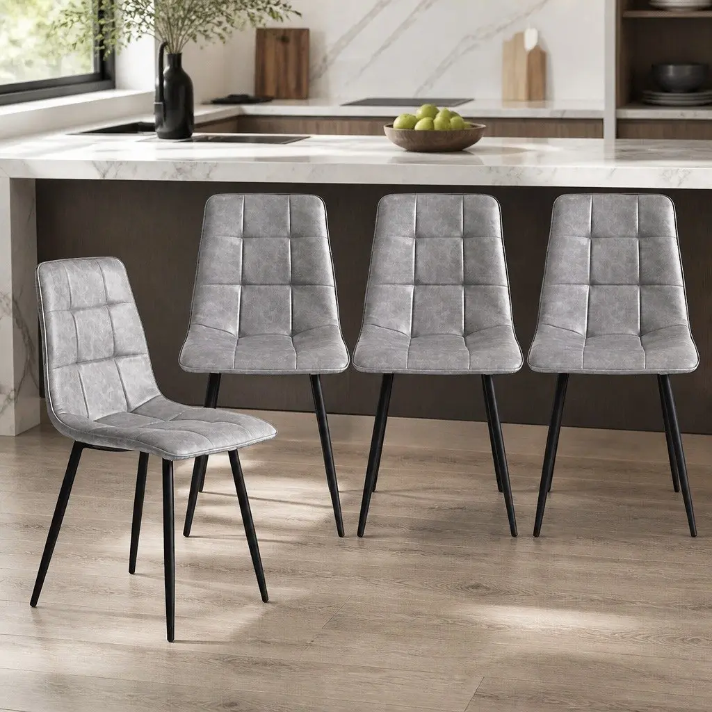 Set of 4 Grey PU Leather Dining Chairs with High Back