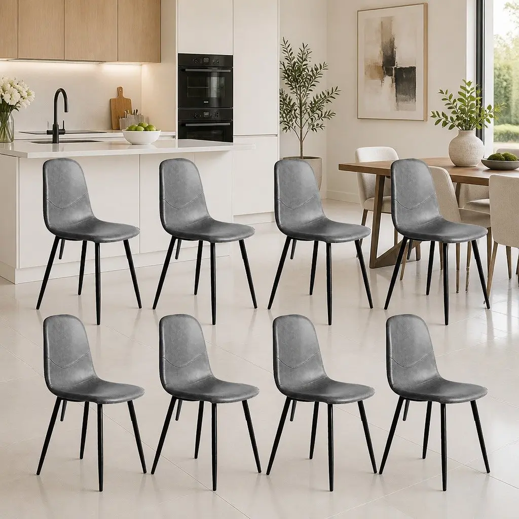 Dining Chairs Upholstered Padded Backrest Steel Frame Set of 8 Grey