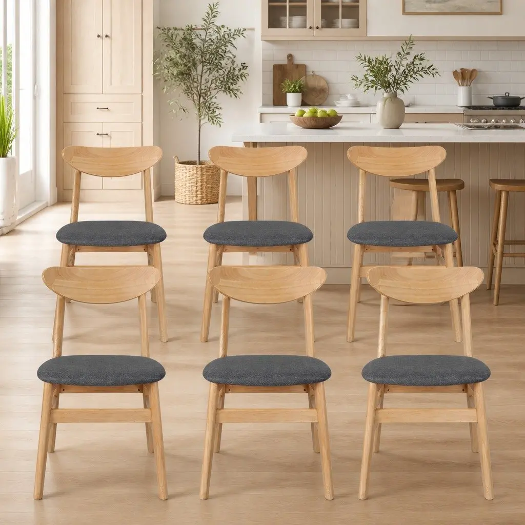 Dining Chairs Natural Wood Frame Linen Upholstery 6 Piece