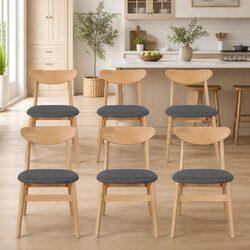 Set of 6 Natural Wood Dining Chairs with Linen Upholstery