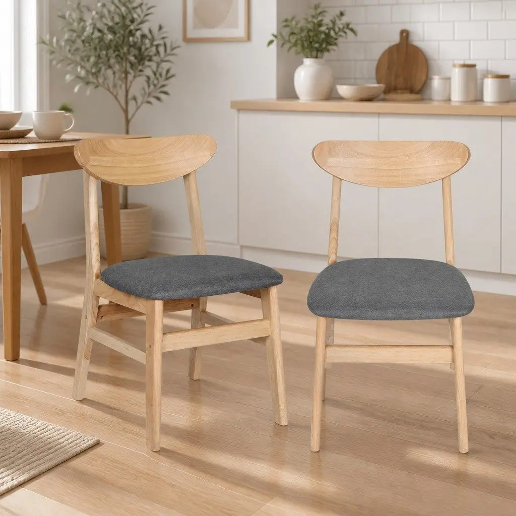 Dining Chairs Natural Wood Frame Linen Upholstery 6 Piece