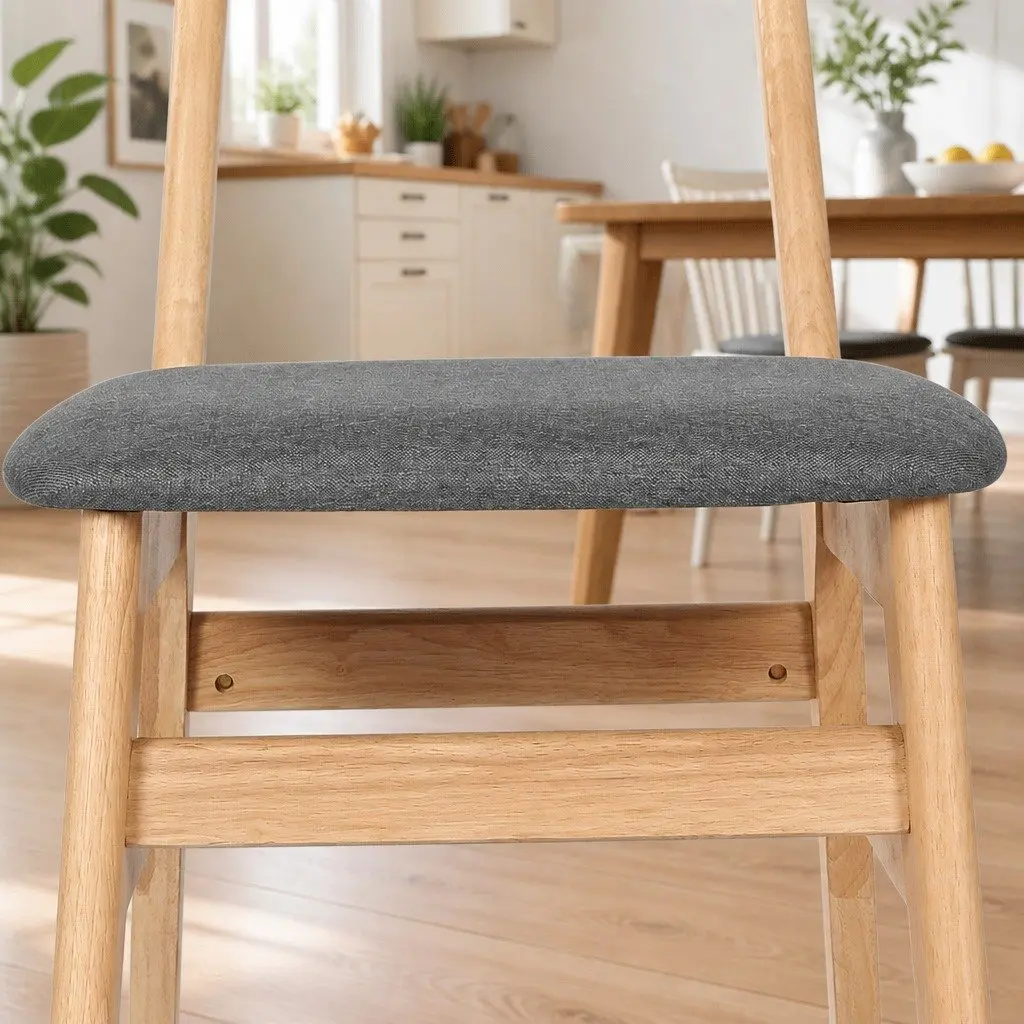 Dining Chairs Natural Wood Frame Linen Upholstery 6 Piece