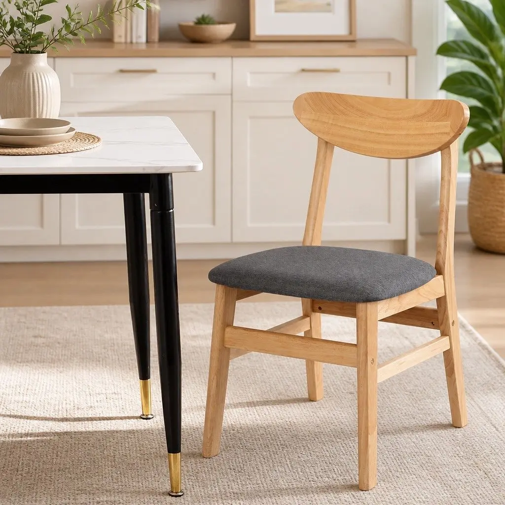 Dining Chairs Natural Wood Frame Linen Upholstery 6 Piece