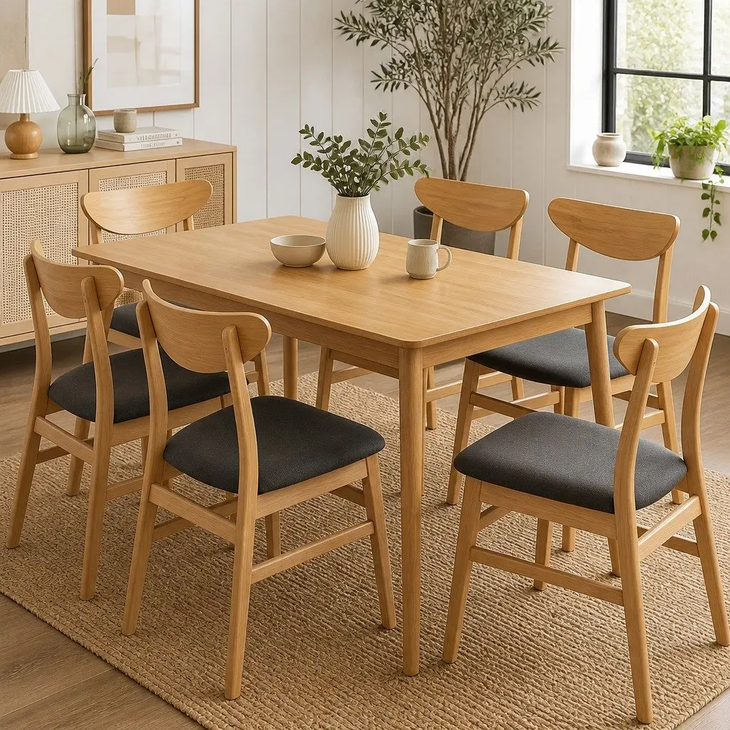 Dining Chairs Natural Wood Frame Linen Upholstery 6 Piece