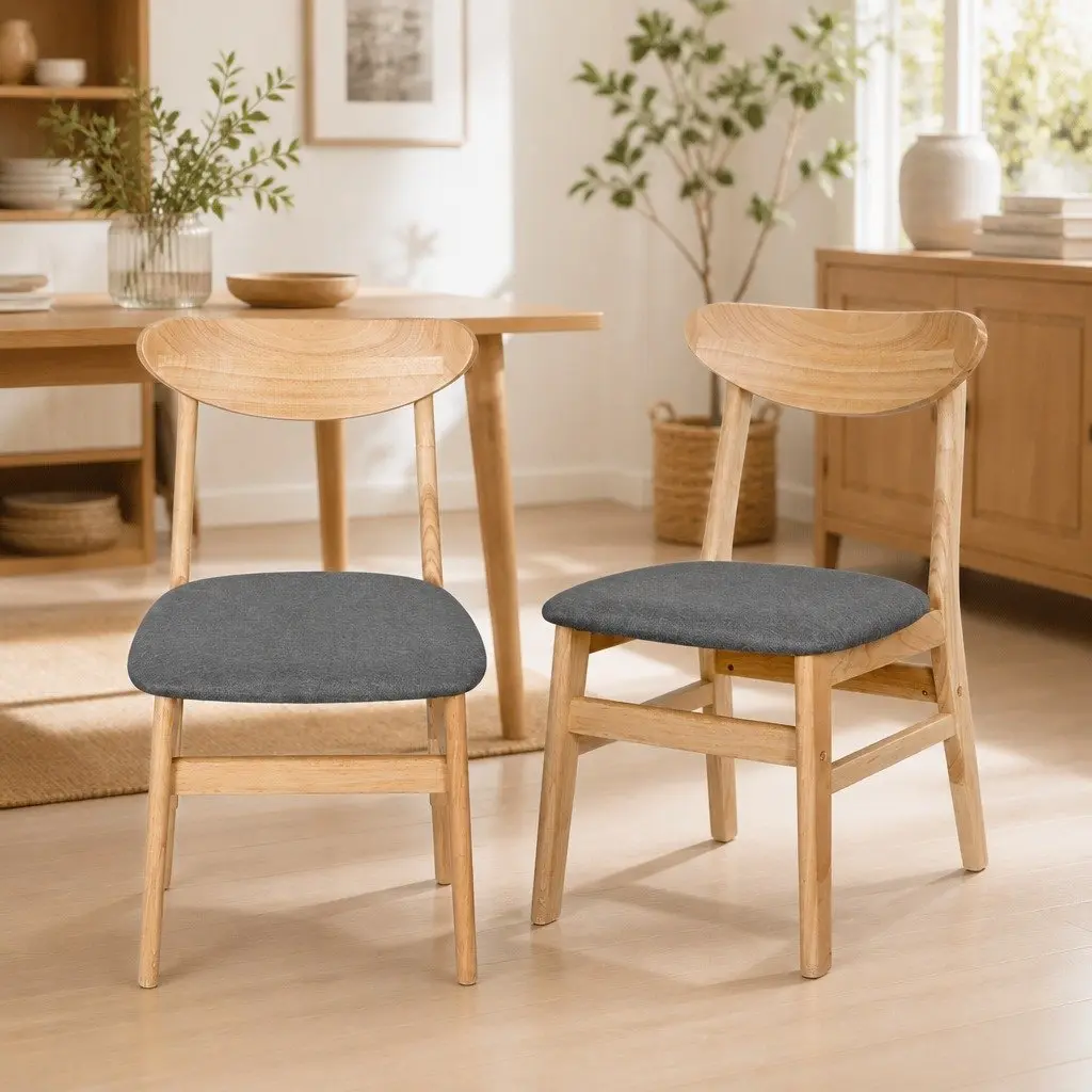 Dining Chairs Natural Wood Frame Linen Upholstery 6 Piece