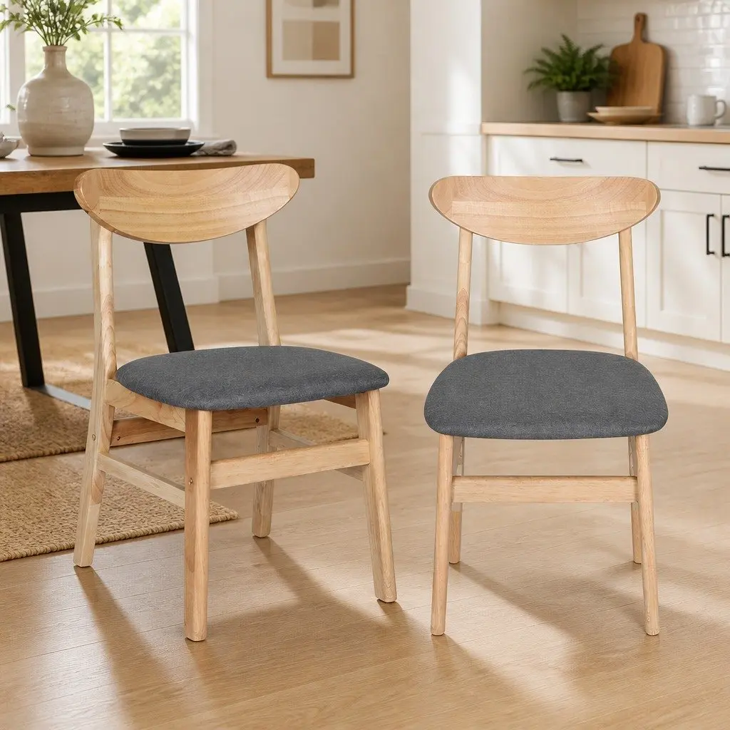 Dining Chairs Natural Wood Linen Padded 8 Piece Set