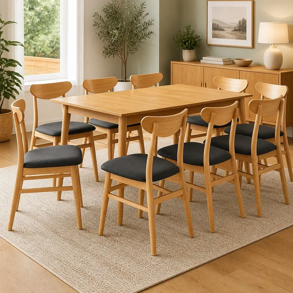 Dining Chairs Natural Wood Linen Padded 8 Piece Set