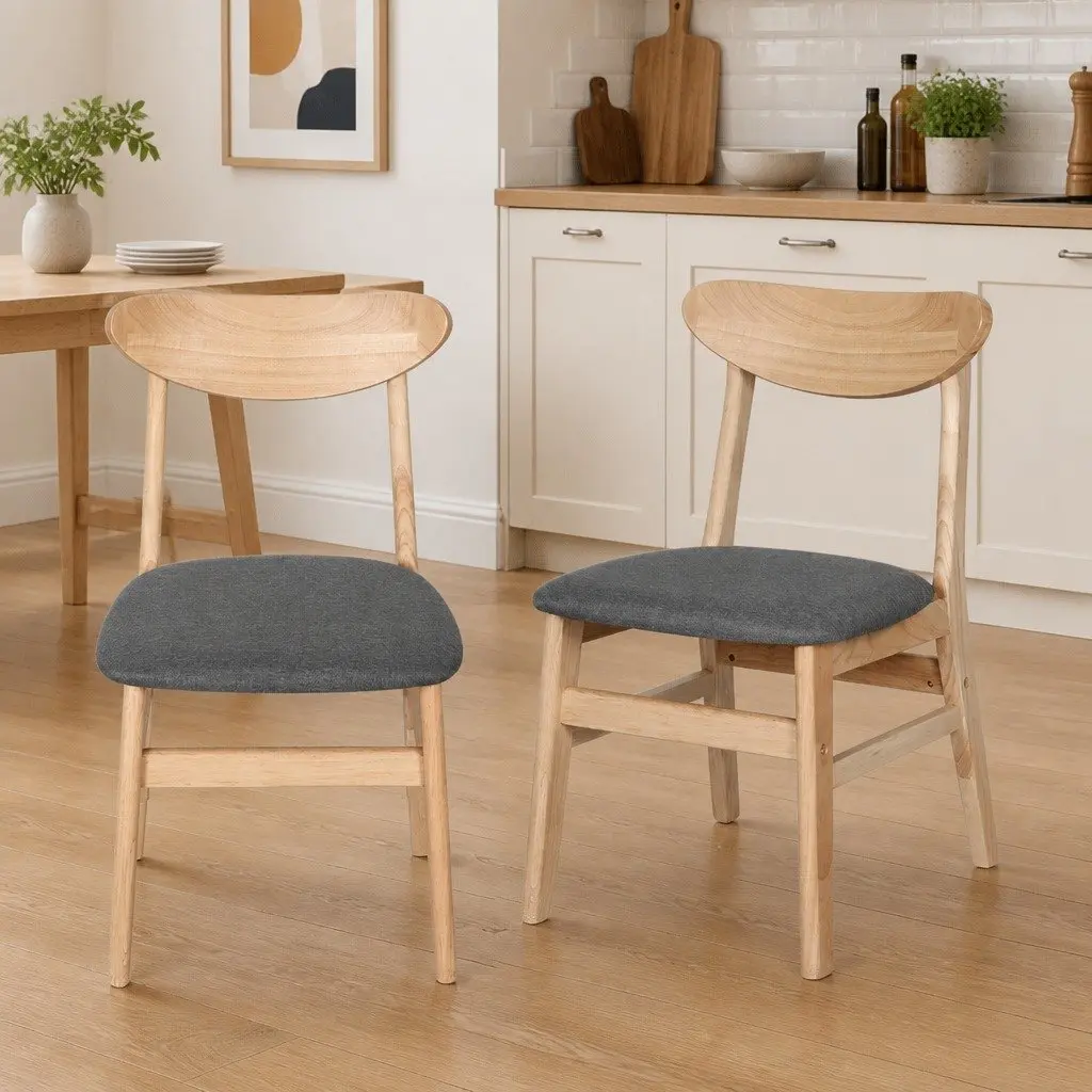 Dining Chairs Natural Wood Linen Padded 8 Piece Set