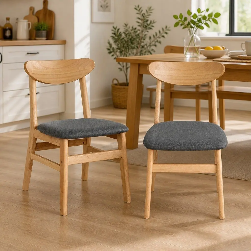 Dining Chairs Set of 2 Kitchen Wooden Frame Linen Fabric Seat Natural