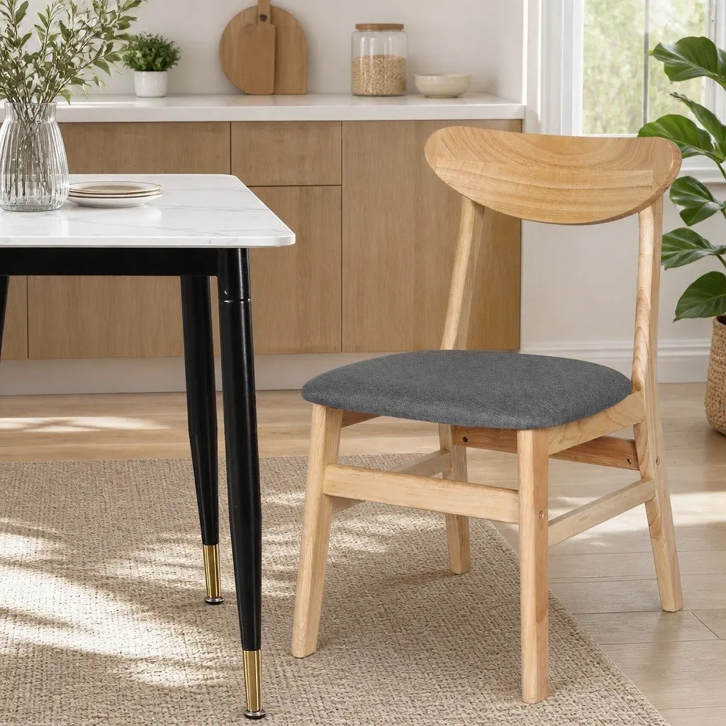 Dining Chairs Set of 2 Kitchen Wooden Frame Linen Fabric Seat Natural