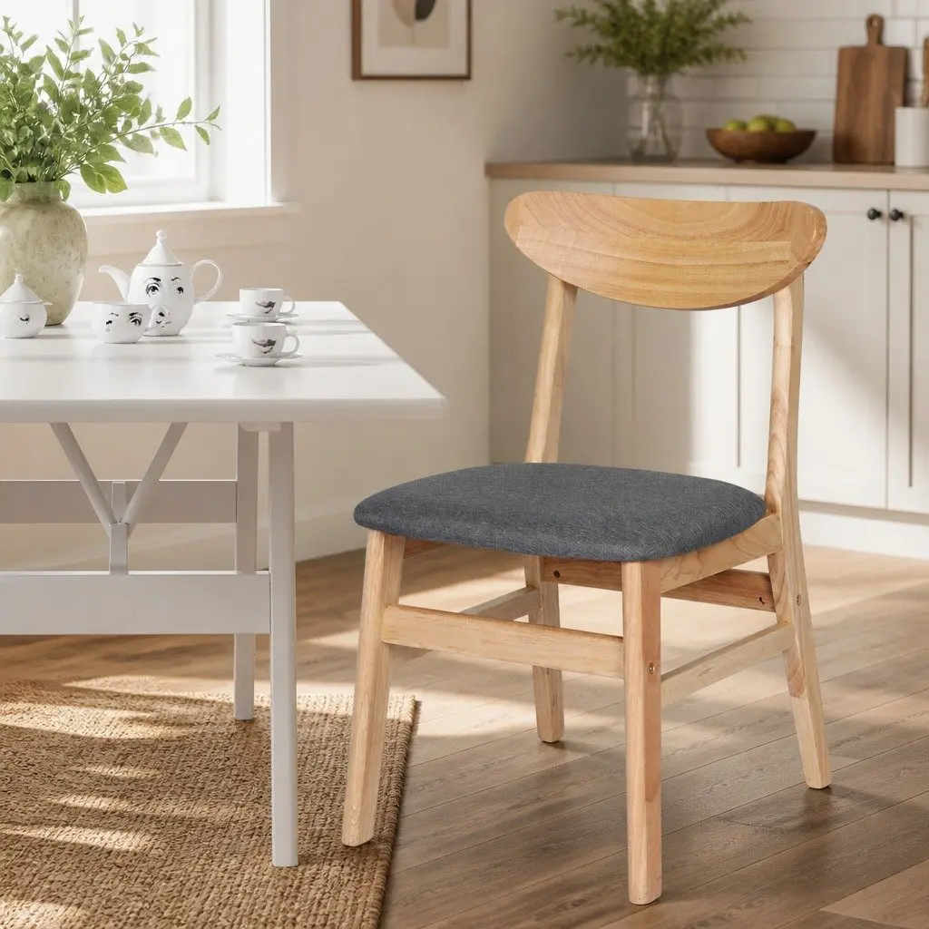 Dining Chairs Set of 2 Kitchen Wooden Frame Linen Fabric Seat Natural