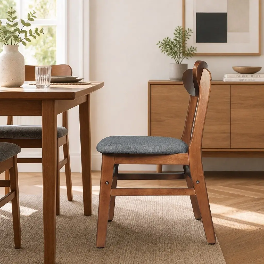 Dining Chairs Set of 4 Walnut Wood Frame Linen Upholstery