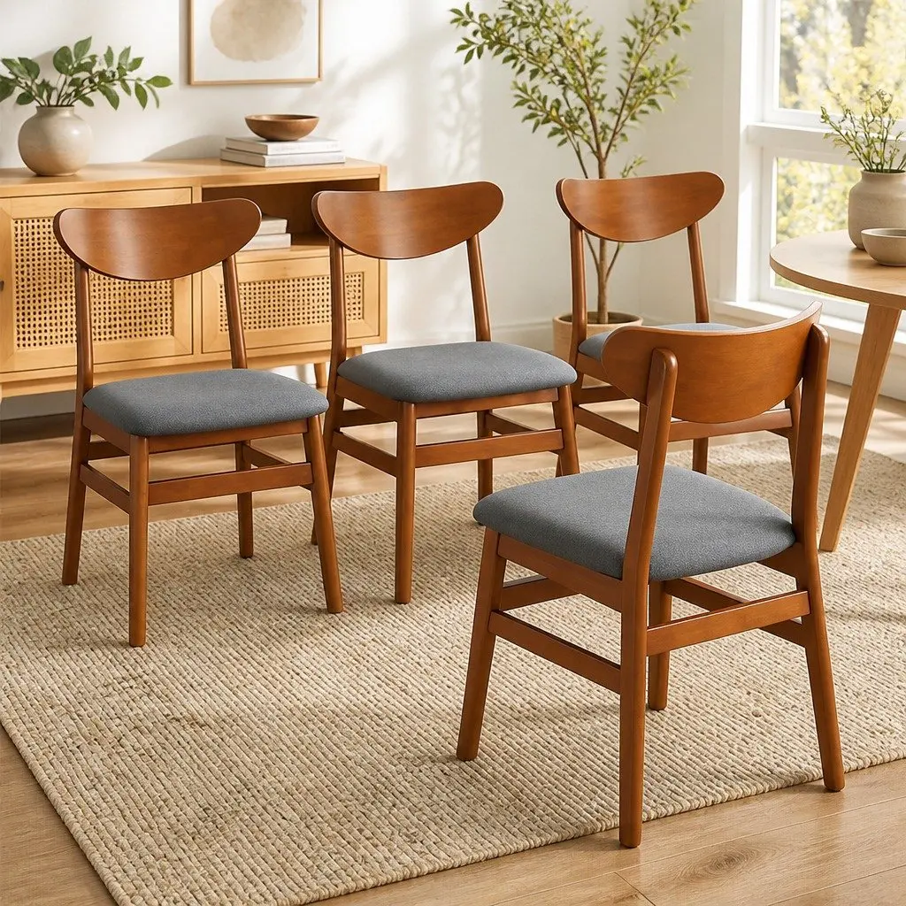 Dining Chairs Set of 4 Walnut Wood Frame Linen Upholstery
