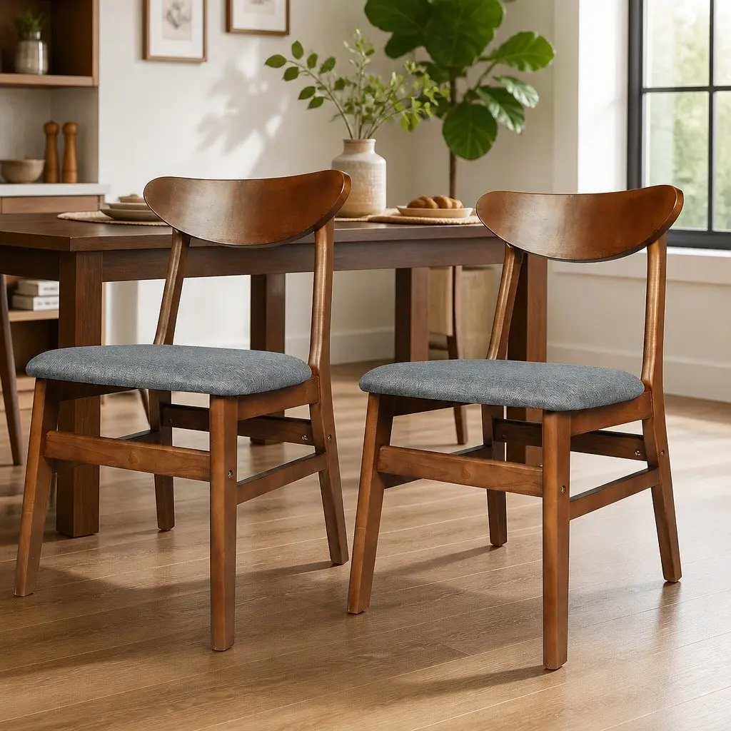 Dining Chairs Set of 4 Walnut Wood Frame Linen Upholstery