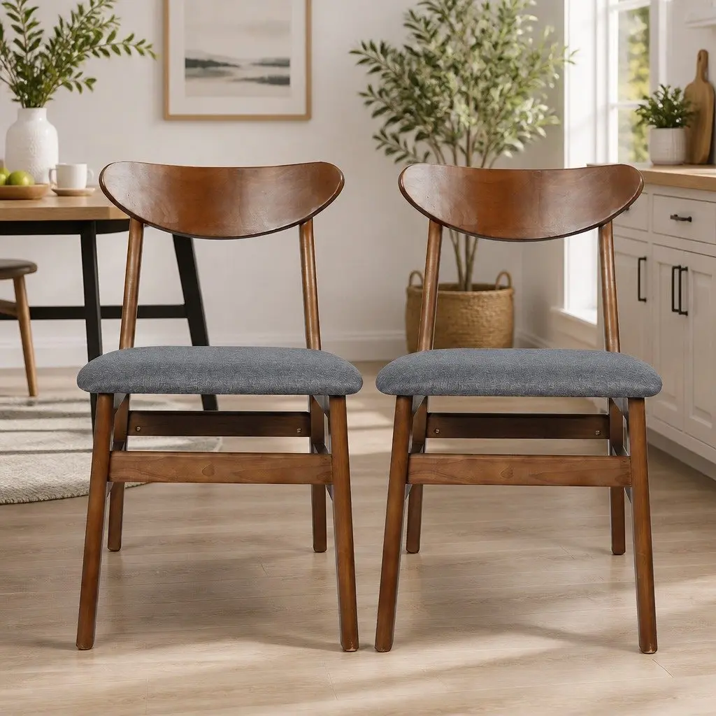 Dining Chairs Linen Upholstered Natural Wood Frame Set of 6
