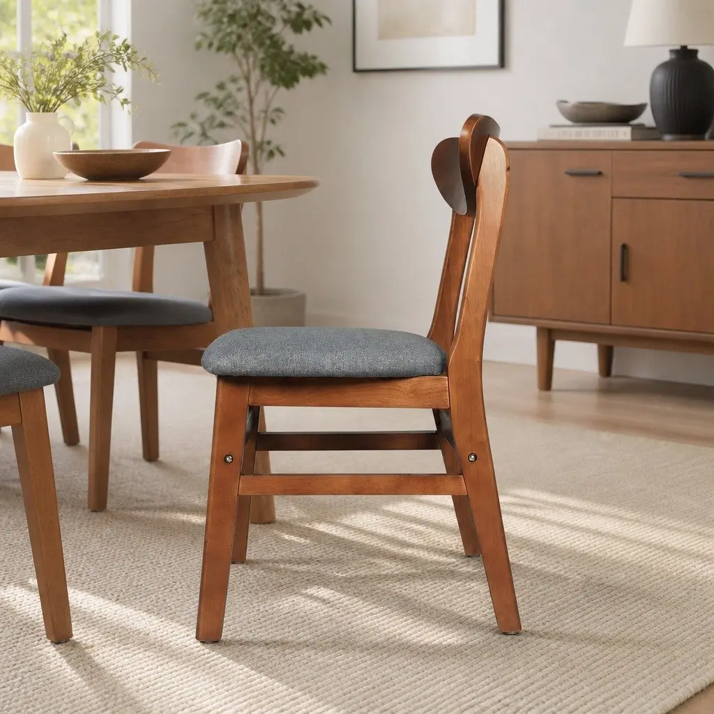 Dining Chairs Linen Upholstered Natural Wood Frame Set of 6