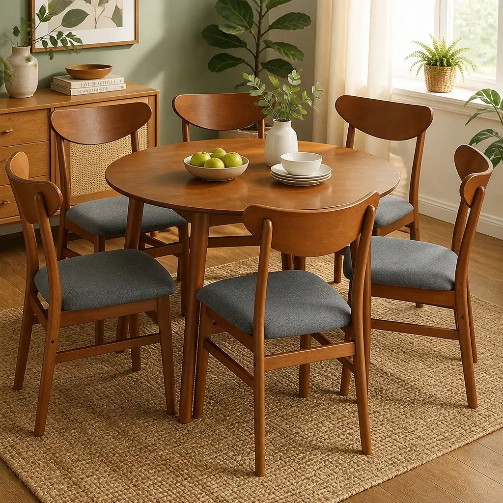 Dining Chairs Linen Upholstered Natural Wood Frame Set of 6