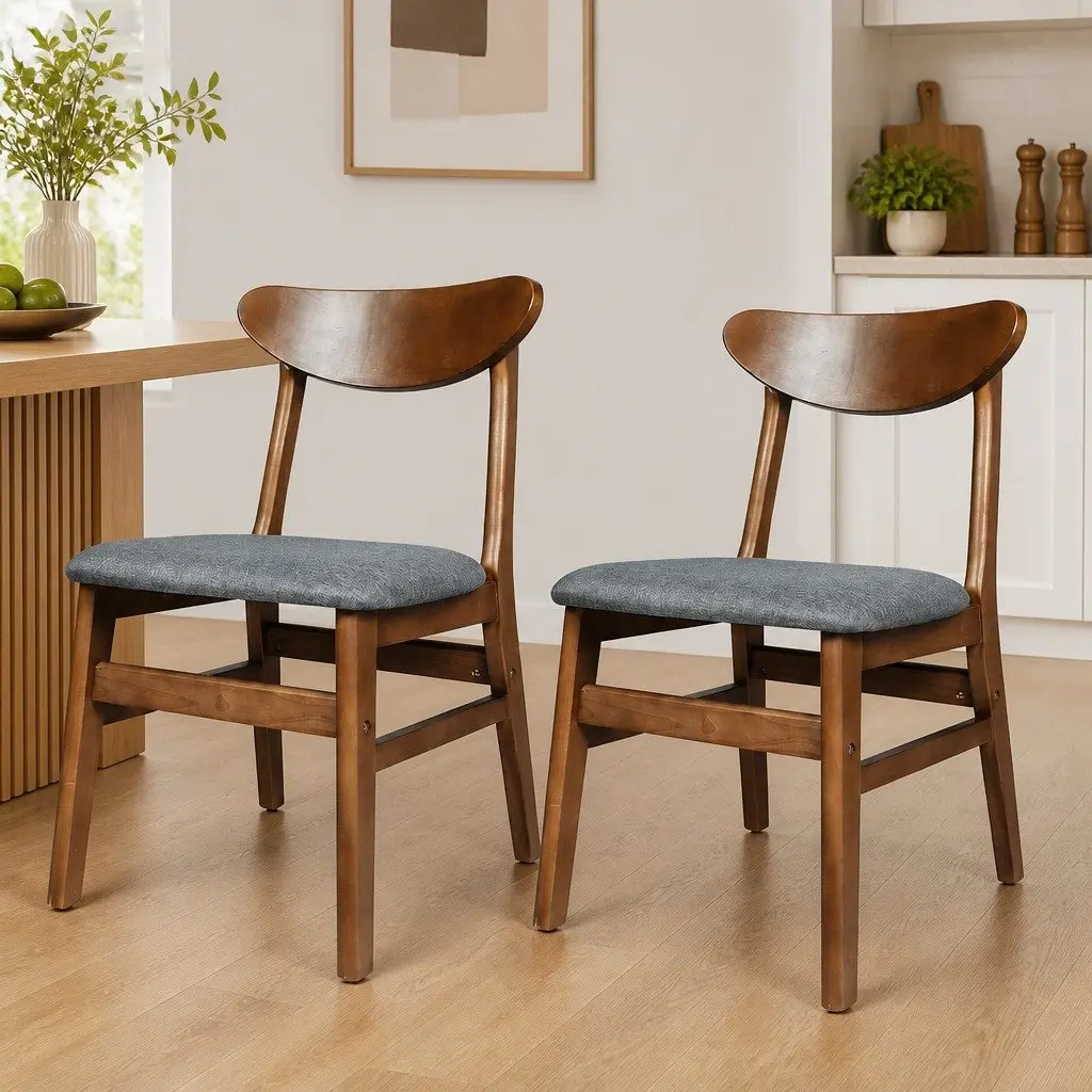 Dining Chairs Linen Upholstered Natural Wood Frame Set of 6