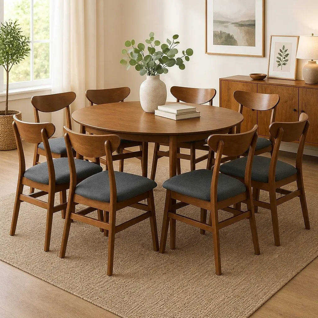 Dining Chairs Walnut 45cm W x 50cm D x 76cm H Wooden Frame Linen Upholstered Set of 8