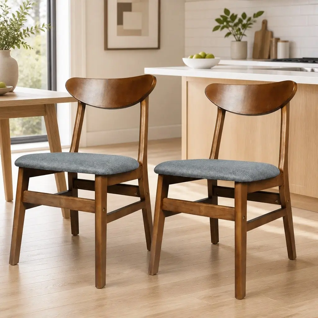 Dining Chairs Walnut 45cm W x 50cm D x 76cm H Wooden Frame Linen Upholstered Set of 8