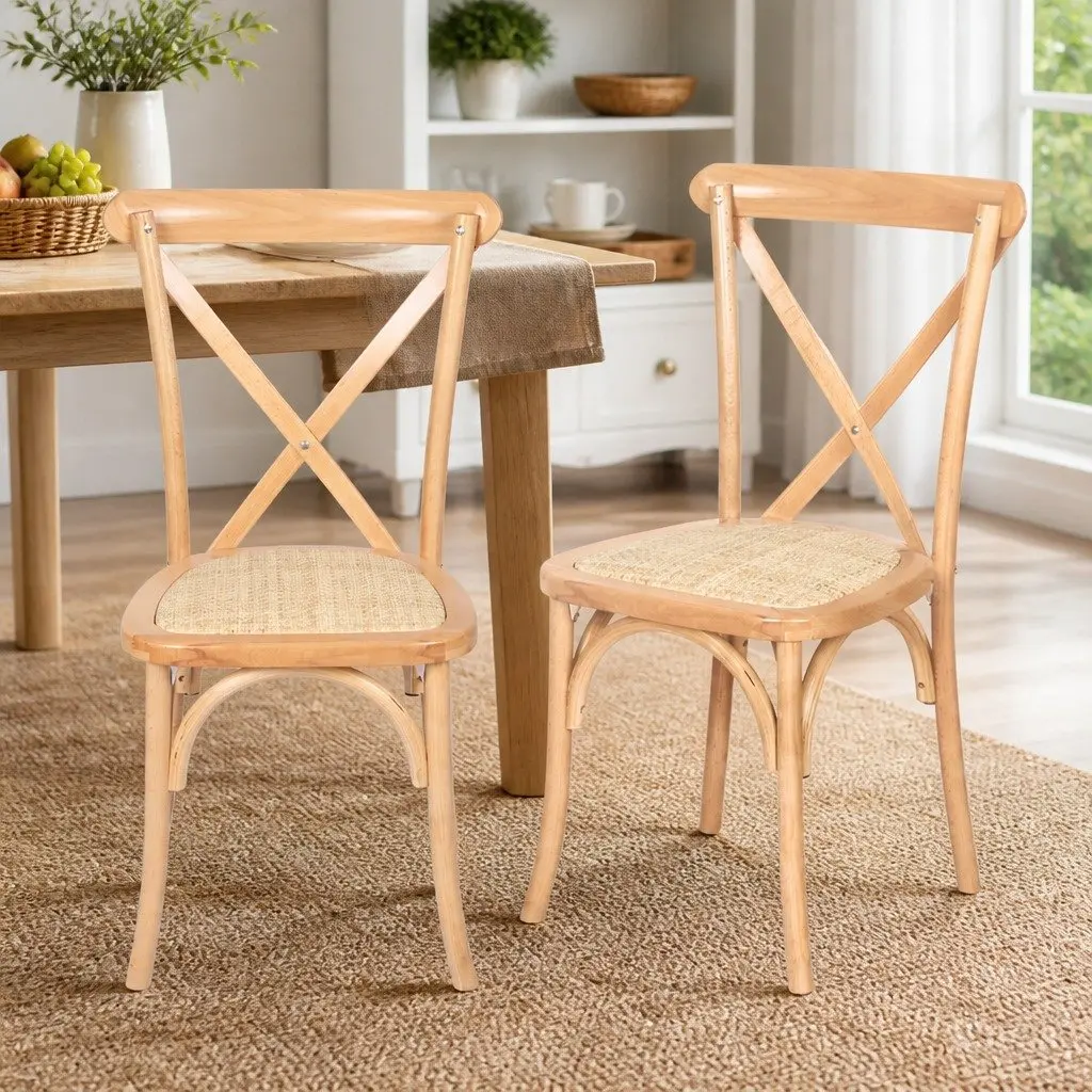 Dining Chairs Set of 2 Cross Back Design Wooden Frame Rattan Seat Kitchen