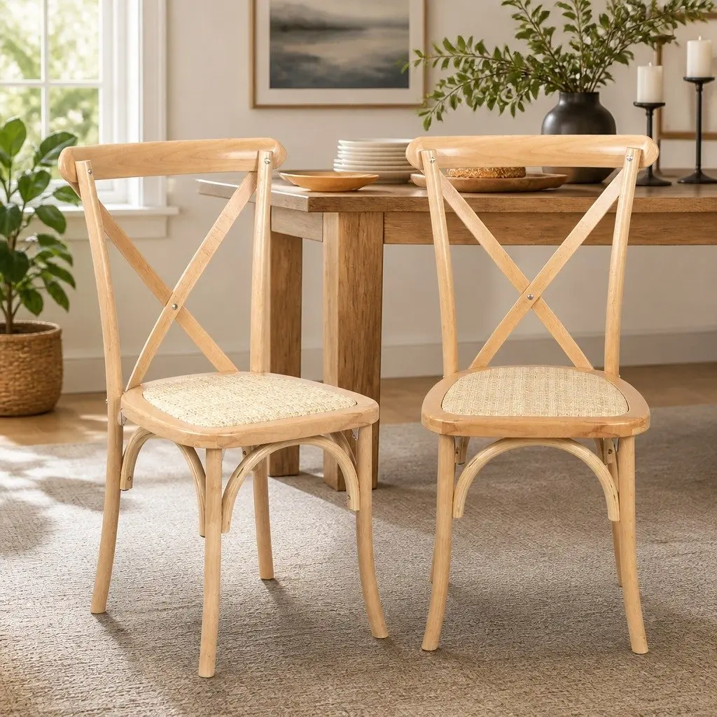 Dining Chairs Set of 2 Cross Back Design Wooden Frame Rattan Seat Kitchen